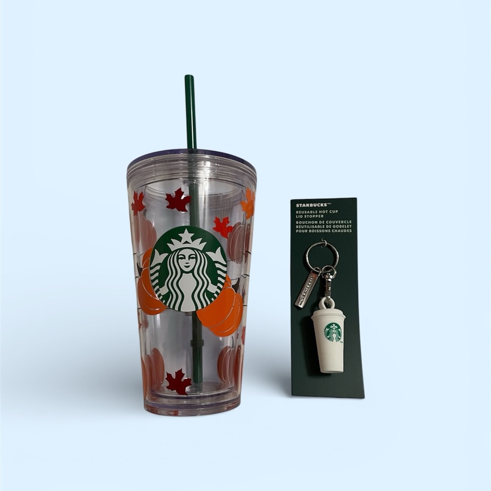 Starbucks Clear Tumbler Fall Design with Green Straw and Keychain